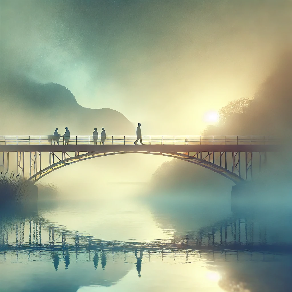 DALL·E 2024-12-20 19.55.47 - An existentially themed image featuring a serene bridge crossing over a quiet river, surrounded by a foggy landscape with soft, muted tones. The atmos a bridge over water with people walking on it
