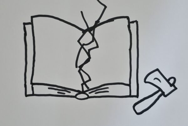 Books For The Frozen Sea Within Us 1 Simple black line drawing of an open book with a crack rising from the pages