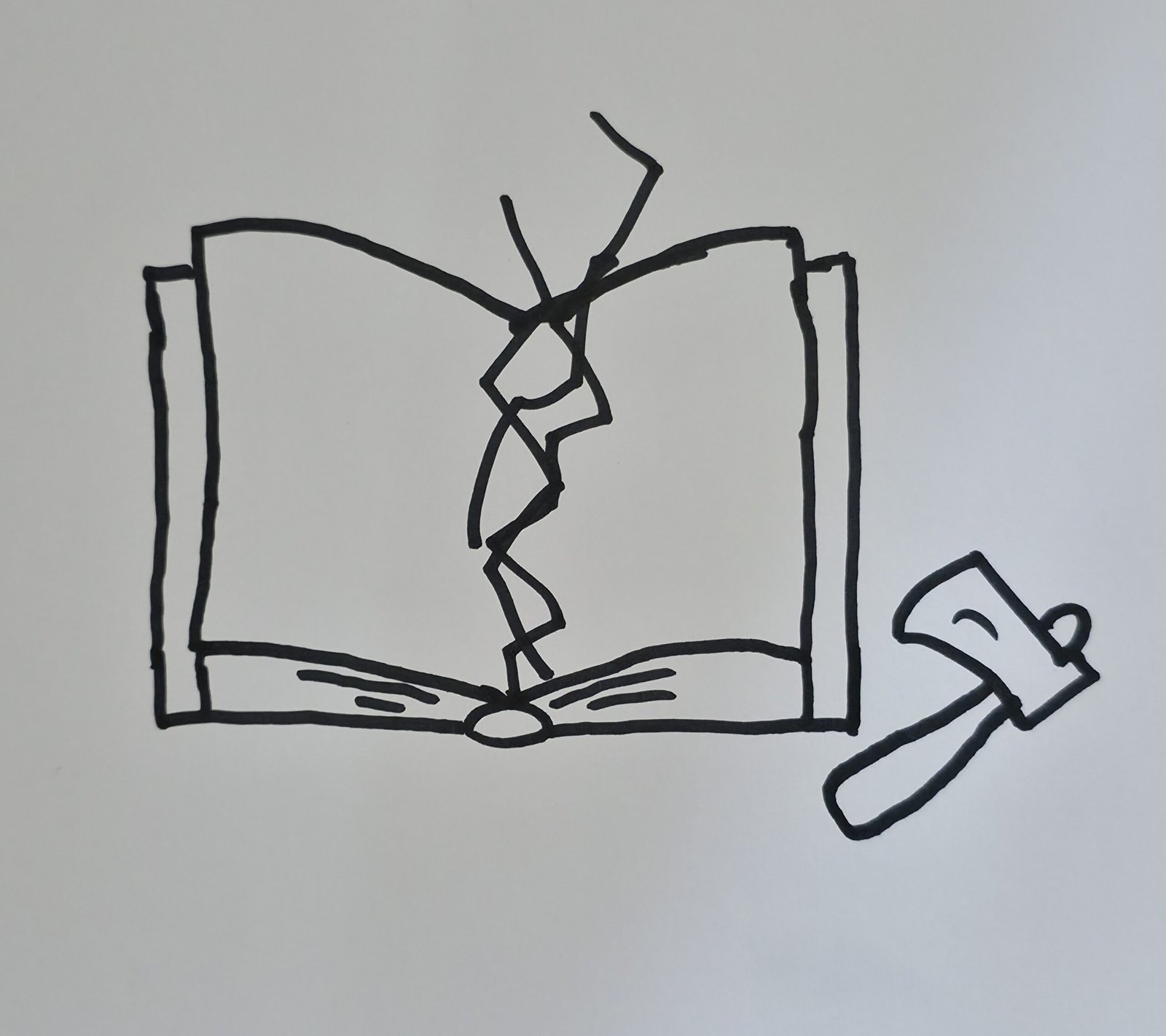Simple black line drawing of an open book with a crack rising from the pages